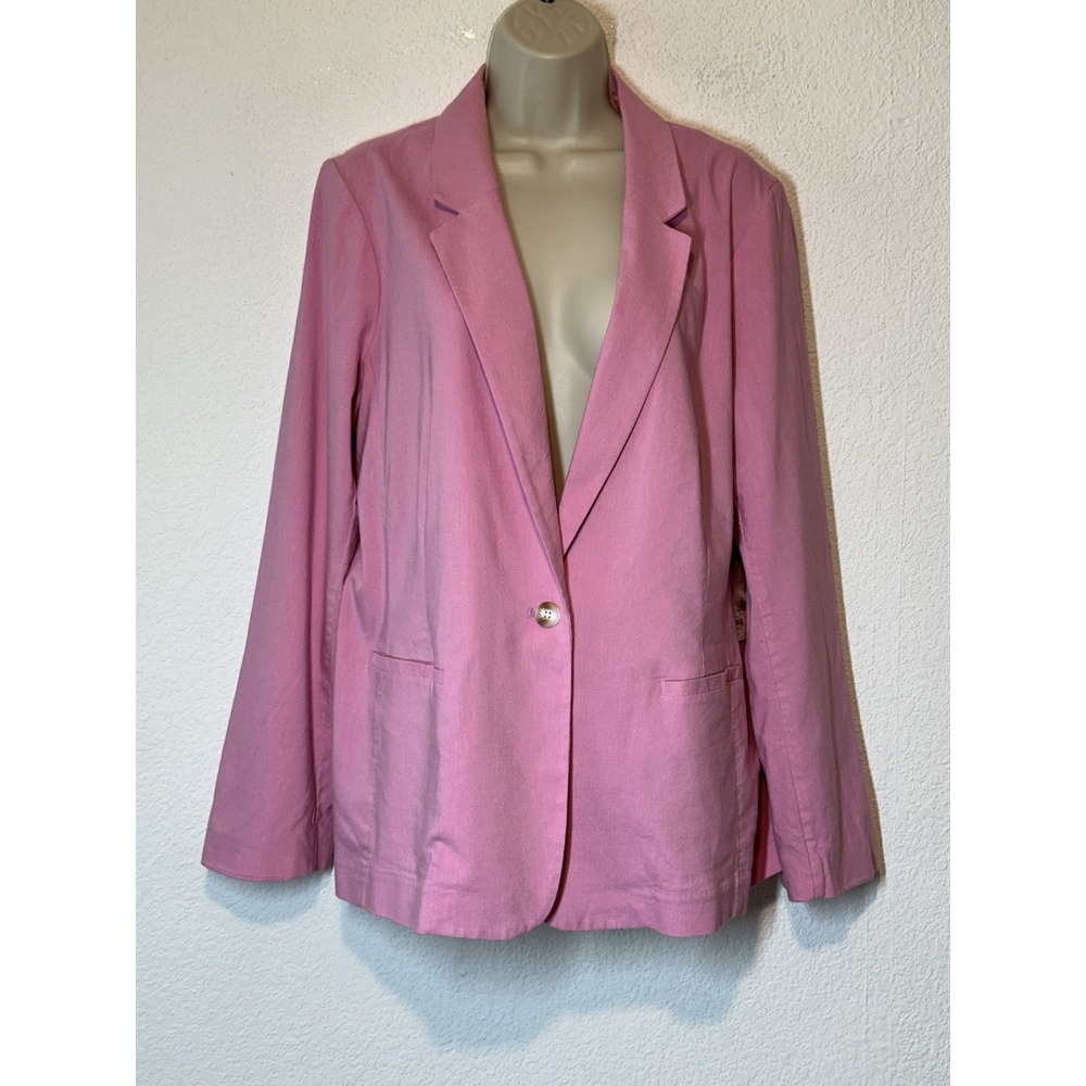 New Pink Linen Blend One Button Pockets Size L Preppy Coastal Career Basic Work